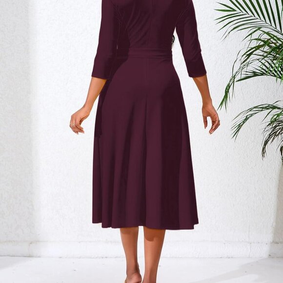 Women's Burgundy Casual A-Line Dress Midi V-Neck Flare 3/4 Sleeve - Picture 5 of 6